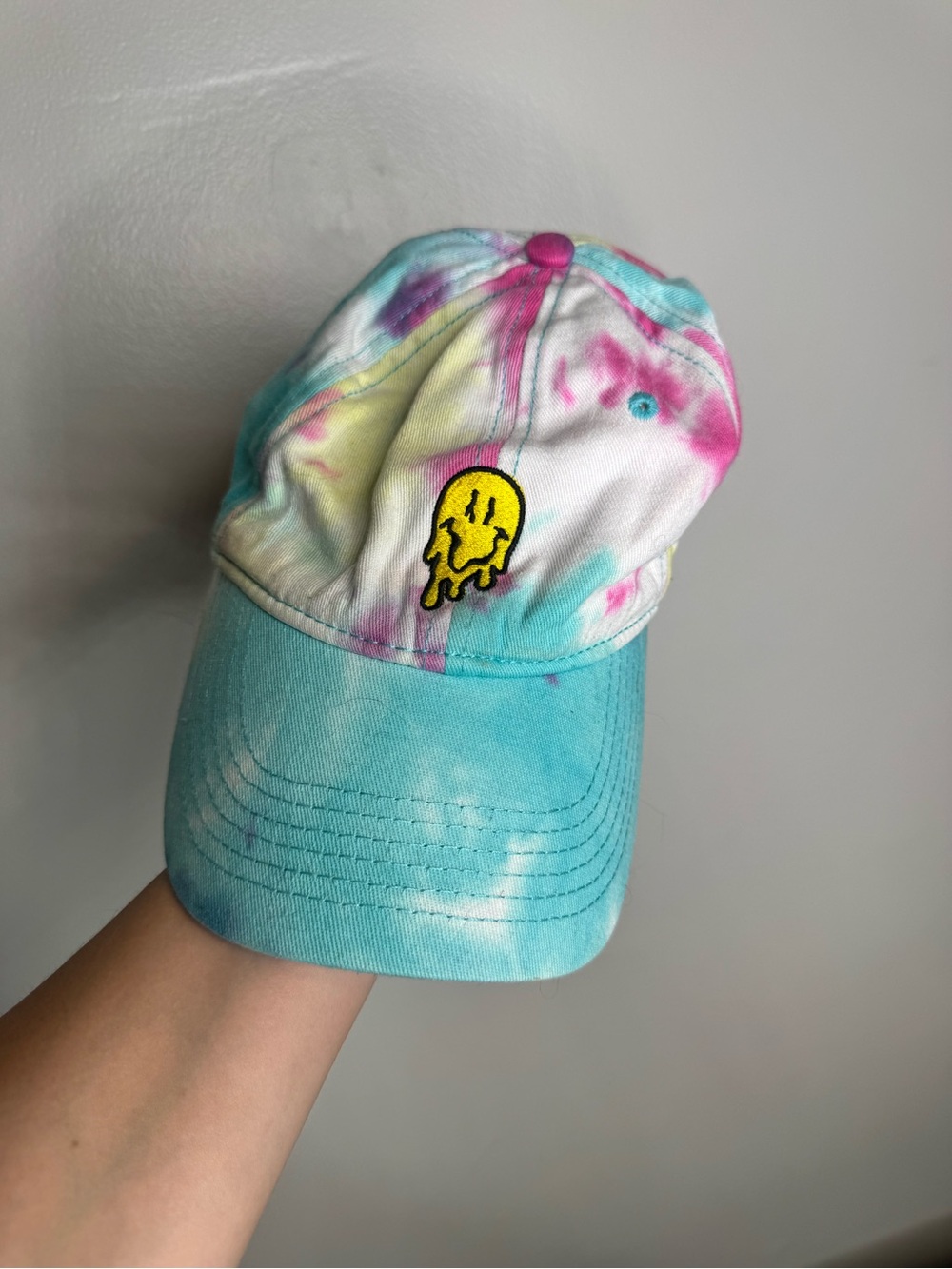 Tie-Dye Blue & Pink Baseball Cap with Melt Smiley Patch